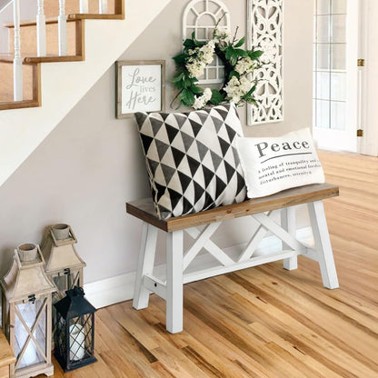 30" Farmhouse Wood Bench, Rustic Solid Wood Entryway Bench Seat with Double X-Structure for Dining Room, Living Room, Hallway, Structural Stability, White