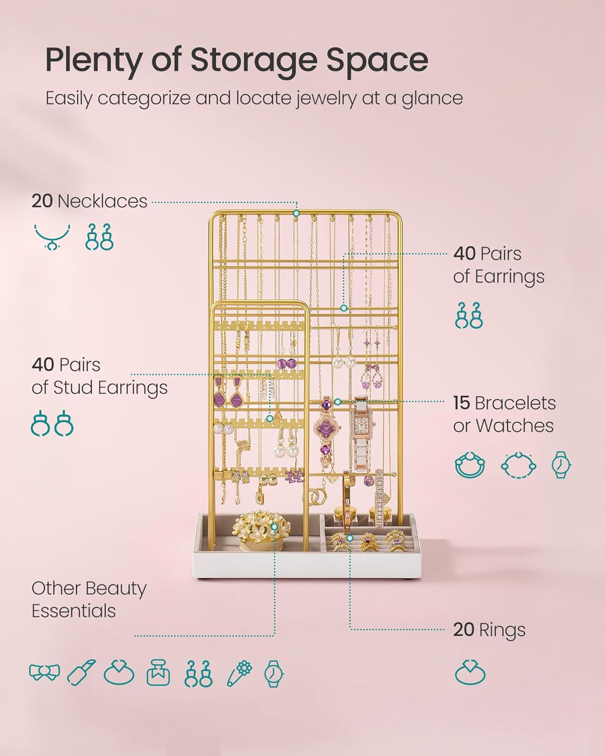 2-Layer Jewelry Box Bundle with Jewelry Holder, Jewelry Organizer with Handle, Floating Effect, Jewelry Display Stand with Metal Frame, White and Pale Gold UJBC165W01 and UJJS028A01
