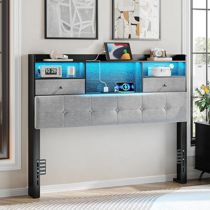 Headboard Queen Size with Storage, Queen Headboard Only with 2 Drawers, Charging Station and LED Lights, Upholstered Headboards Easy Assembly, Black&Grey