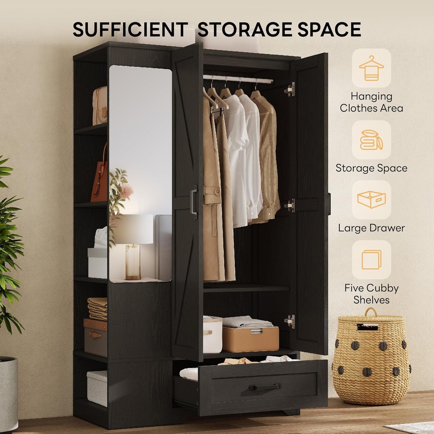 Armoire Wardrobe Closet 70 Inches, Large Storage with Mirror, 2 Doors, Drawer, and Shelves, Modern Bedroom Freestanding Wooden Wardrobe Combination with Hanging Rail, Black
