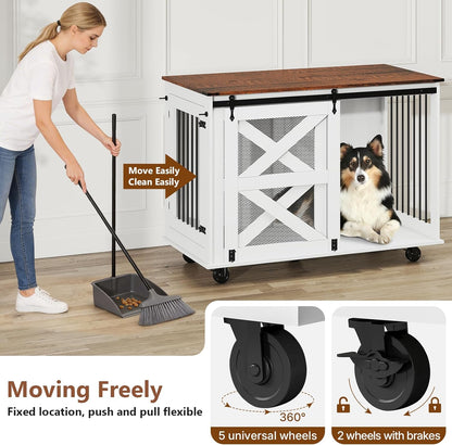 48 Inch XL Dog Crate, Wood XXL Dog Crate Furniture with Wheels, Flip-Top Feeding Door, Removable Divider, Farmhouse End Table Dog Crate with Sliding Barn Door, White
