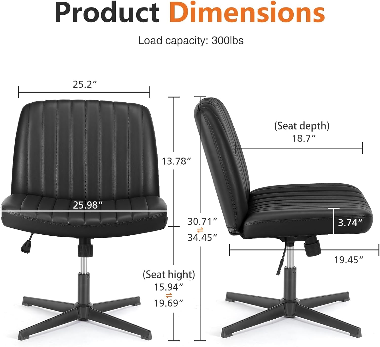 Criss Cross Chair Legged, PU Leather Armless Office Swivel Desk Chairs No Wheels, Vanity Height Adjustable Wide Seat Faux Leather Computer Task Chair for Home Bedroom, Pu-Black