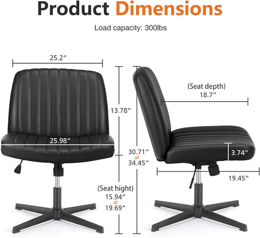 Criss Cross Chair Legged, PU Leather Armless Office Swivel Desk Chairs No Wheels, Vanity Height Adjustable Wide Seat Faux Leather Computer Task Chair for Home Bedroom, Pu-Black