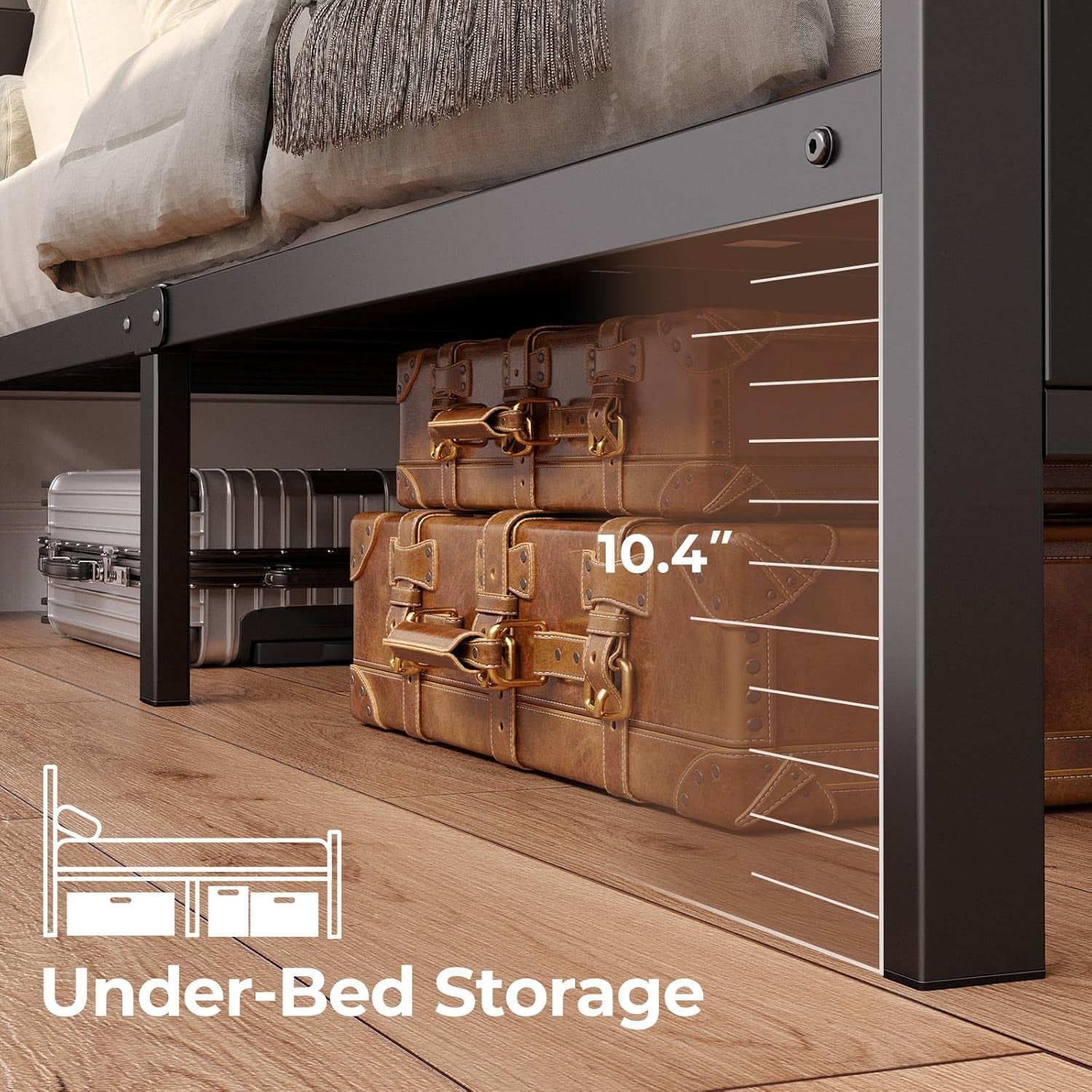 Twin Bed Frame with Headboard, LED Bed with Bookcase Storage and Charging Station, Metal Platform Bed with Glass Shelves, No Box Spring Needed, Noise-Free, Black