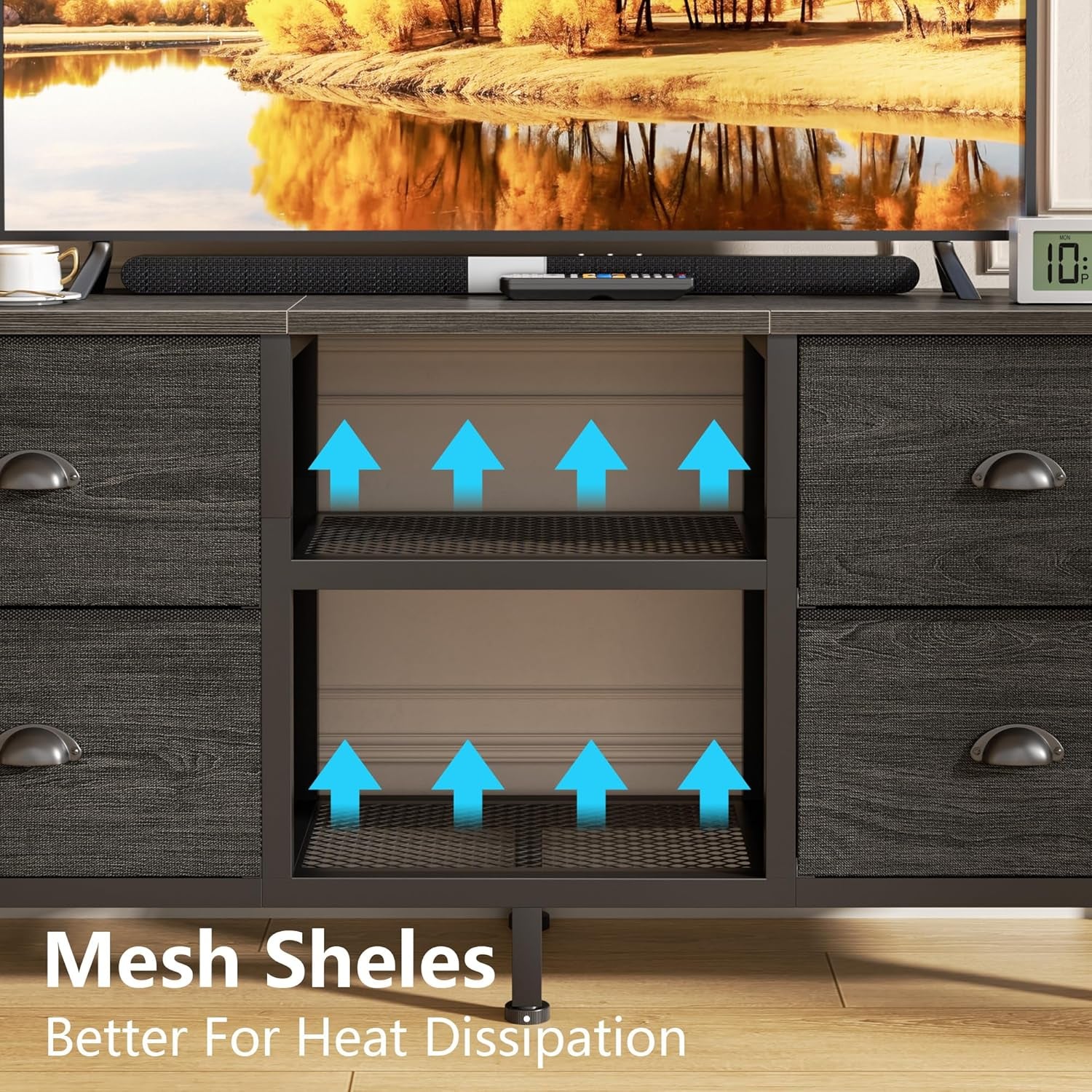 TV Stand with 4 Drawers, 43 Inch Entertainment Center with Open Shelves, Media Center for 50" TV, Television Stand for Bedroom, Living Room/Light Black Oak