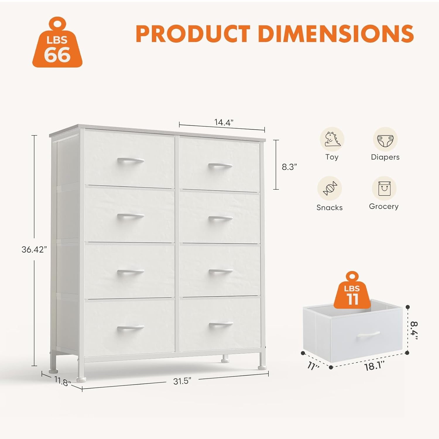 Dresser for Bedroom with 8 Drawers, Anti-Tip Tall Fabric Chests Storage Organizer Tower Furniture with Wooden Top Metal Frame for Clothes, Closet, Living Room, Hallway, Entryway