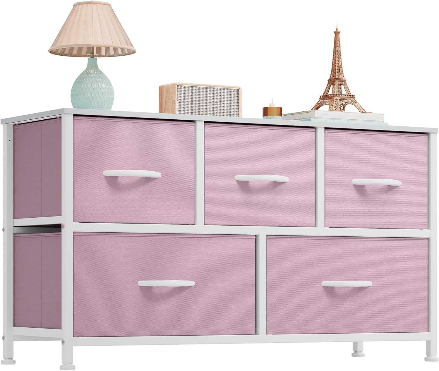 Wide Storage Tower with 5 Drawers - Fabric Dresser, Organizer Unit for Bedroom, Living Room, Closets & Nursery - Sturdy Steel Frame, Easy Pull Fabric Bins & Wooden Top (Pink)