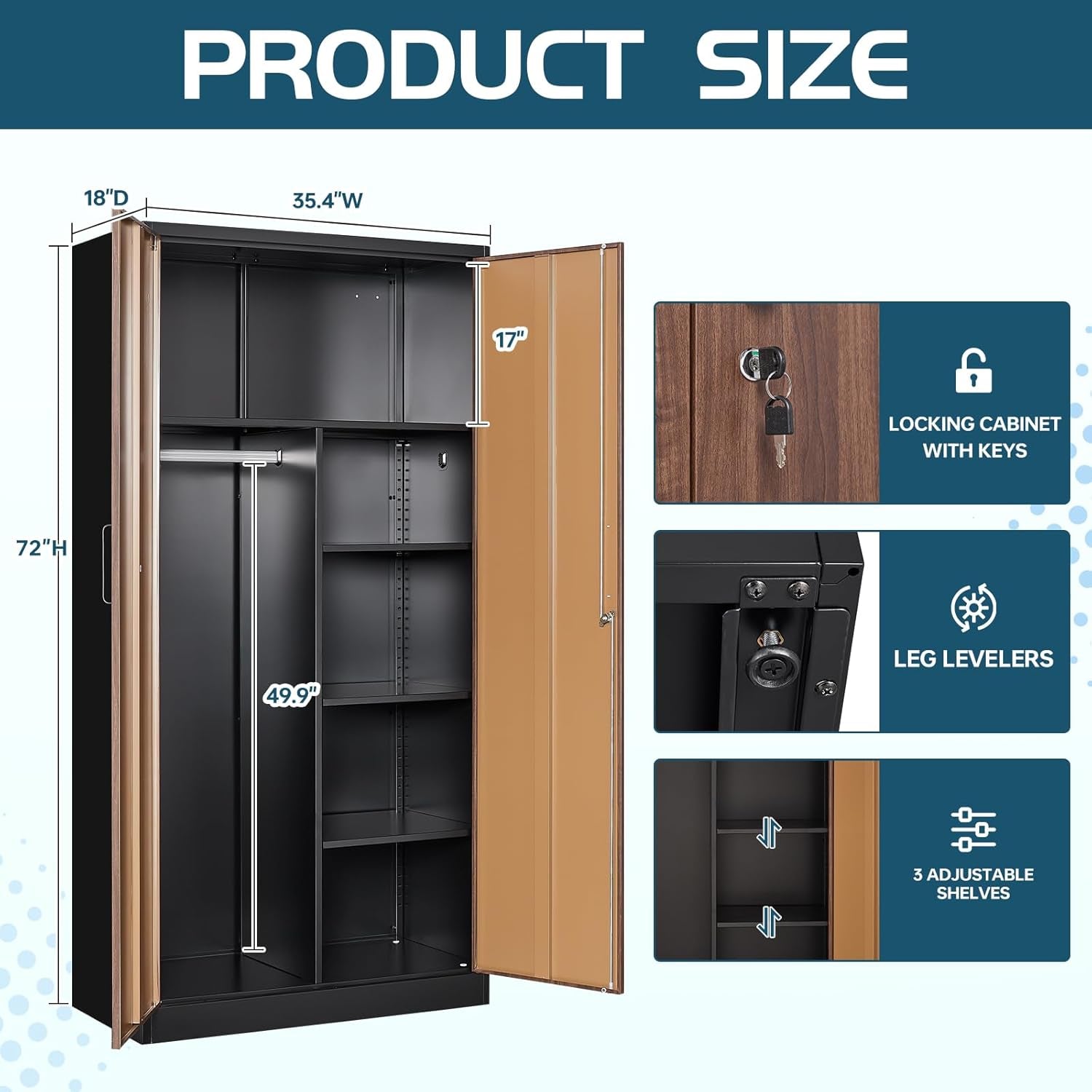 Metal Wardrobe Cabinet with Locking Doors, Metal Storage Armoire Closet for Clothing, 2 Door Woodgrain Locker Cabinet with Adjustable Shelves for Bedroom, Locker Room, Home Office and Garage…
