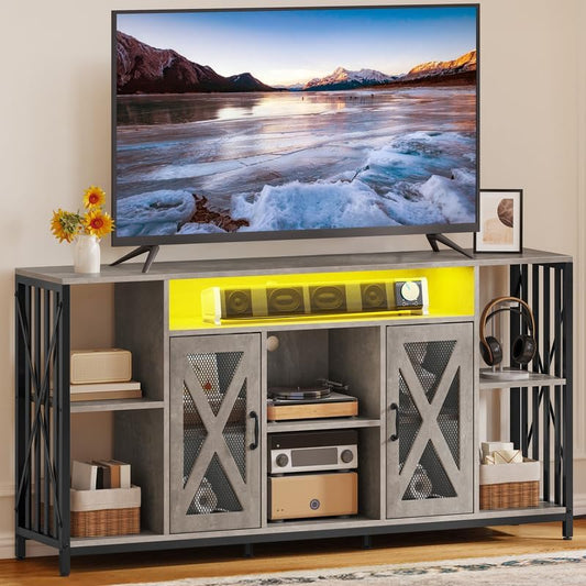 TV Stand for 70/65 Inch TV, 33.5'' Tall TV Stands for Living Room, Entertainment Center with Storage, LED TV Stand with Power Outlets, TV Media Console Cabinet, Grey