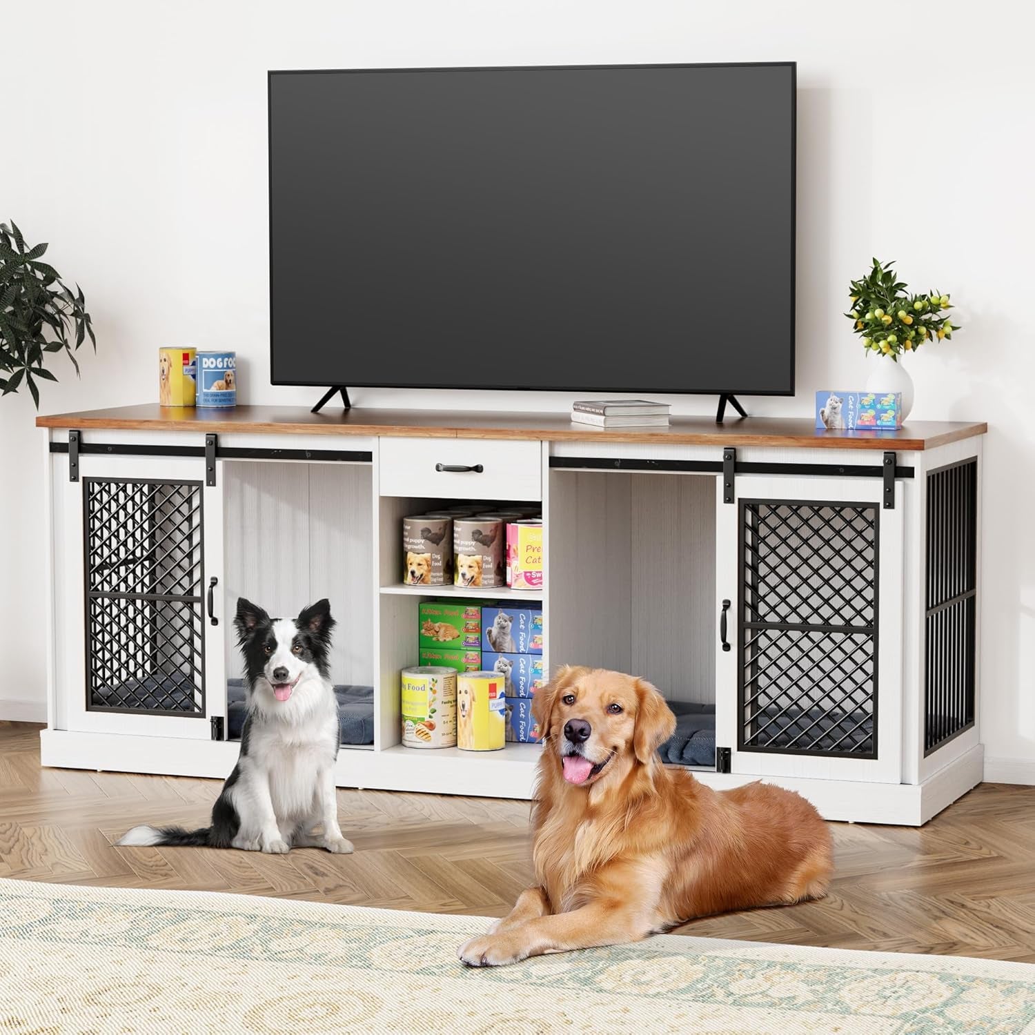 86" Dog Crate Furniture for 2 Dogs,Heavy Duty Indoor Dog Kennel End Table,Wooden Double Dog Cage Furniture Large Breed,Tv Stand with Divider & Storage Drawer