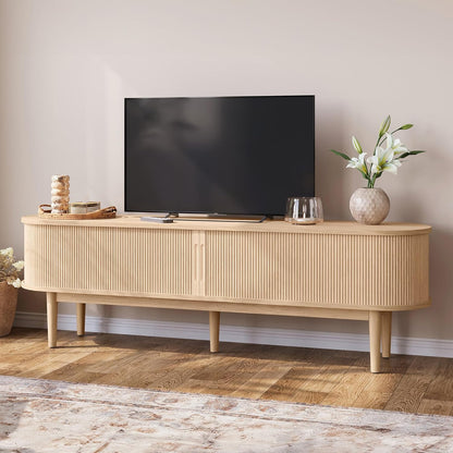 70" Fluted TV Stand for Tvs up to 80 Inch, Mid Century Modern Entertainment Center with Storage Cabinet and Sliding Doors, Farmhouse Wood Media TV Console for Living Room, Bedroom, Oak