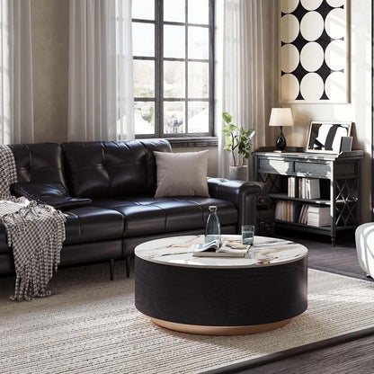 Modern Drum Coffee Table with Storage, Sintered Stone Top round Coffee Table with Drawers, Oak Veneer, Fully Assembled, 39.37"