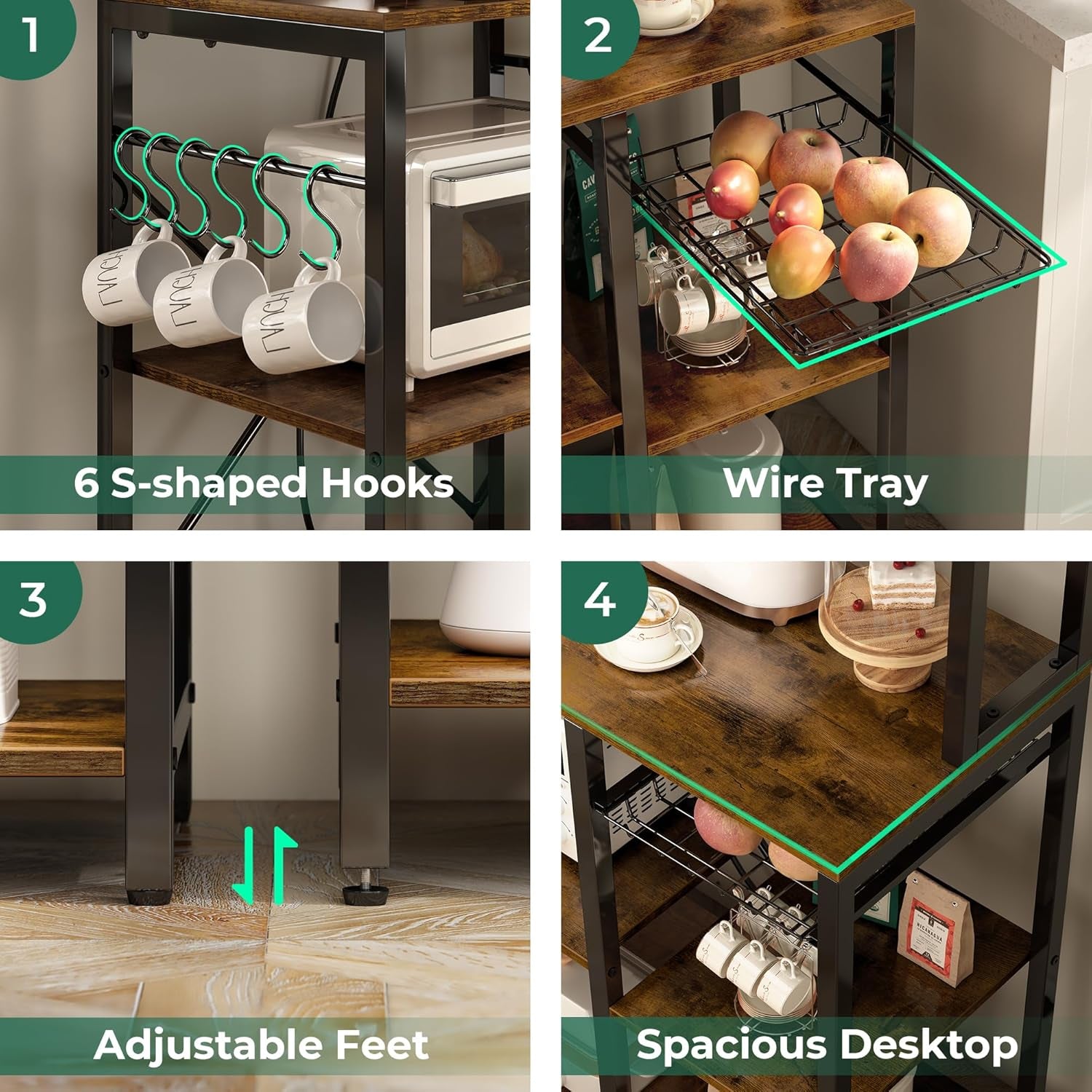 Bakers Rack with Power Outlet, 35.4 Inches Coffee Bar with Wire Basket, Kitchen Microwave Stand with 6 S-Shaped Hooks, Open Storage Shelves, Rustic Brown