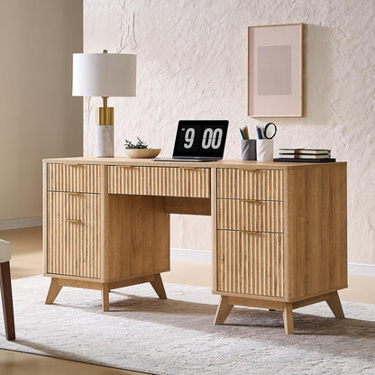 Fluted Executive Desk with Drawers, 60" Modern Home Office Computer Desk with Charging Station, File Cabinet, Keyboard Tray and Storage Cabinet for Study, Living Room, Bedroom, Natural Oak