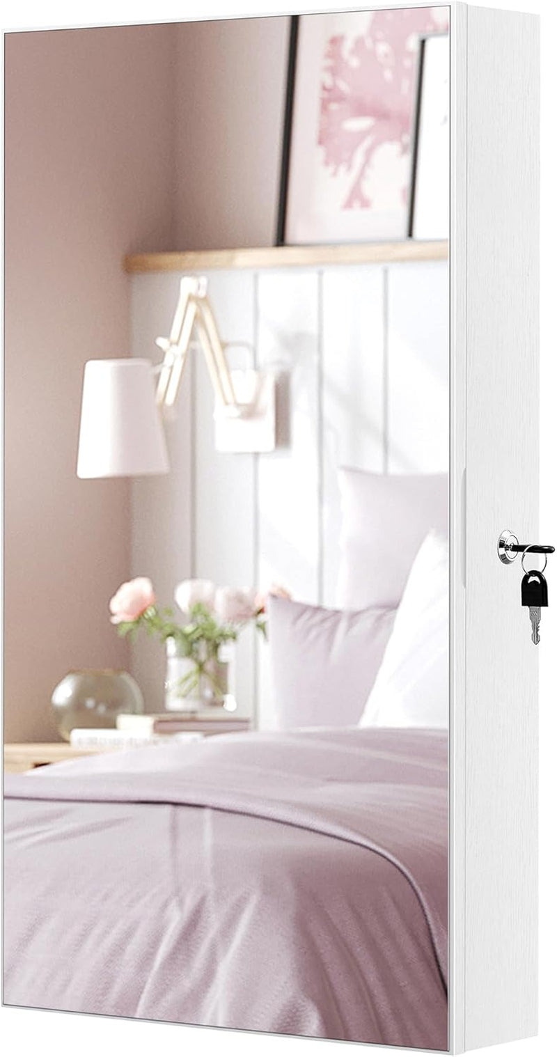 Mirror Jewelry Cabinet Armoire with Built-In LED Lights, Wall or Door Mounted Jewelry Storage Organizer, 3.8 X 14.6 X 26.4 Inches Hanging Mirror Cabinet, Gift Idea, White UJJC050W01