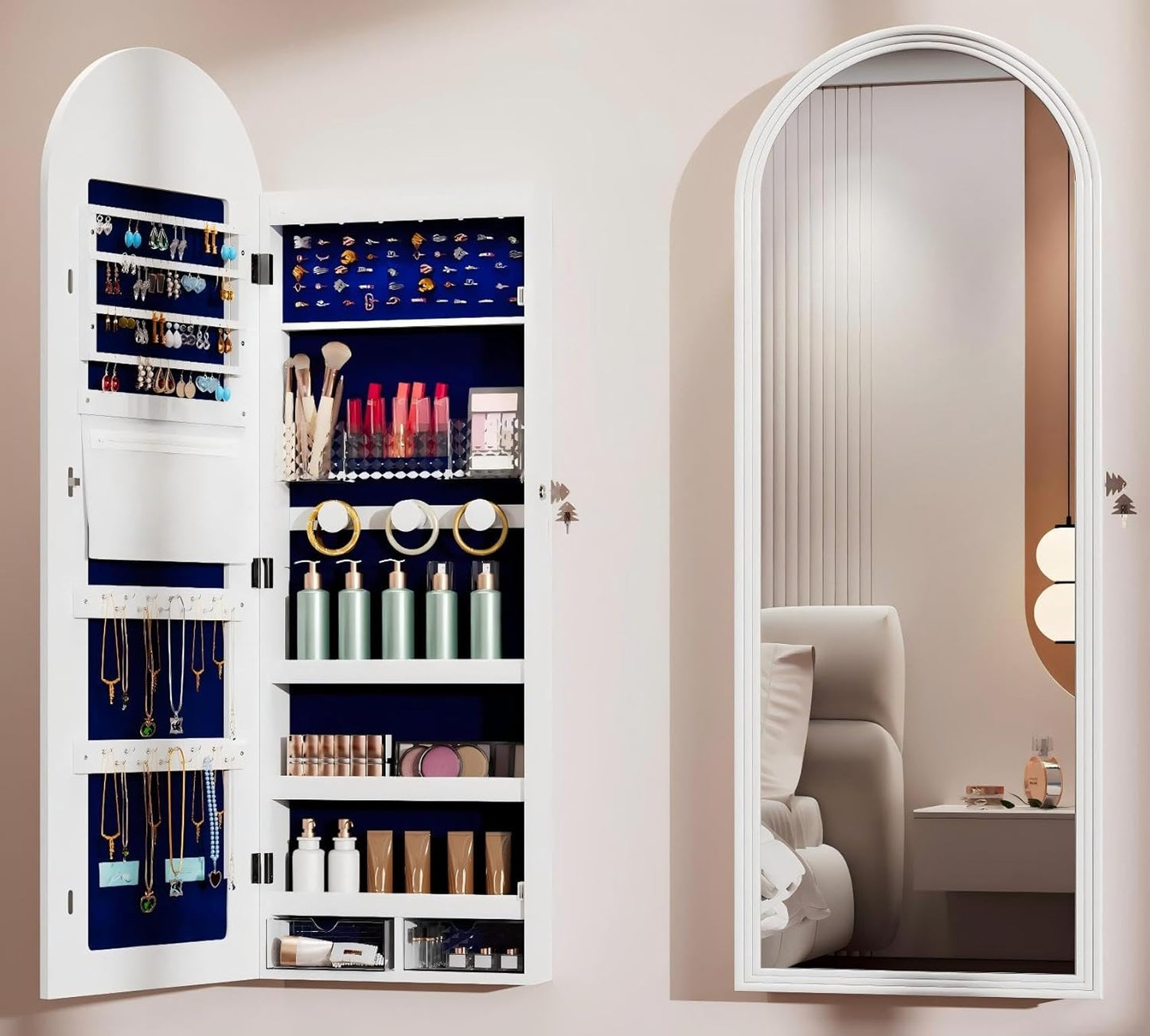 Tall Wall Mount Jewelry Armoire with Full-Length Mirror & 6 Leds - 47 in Lockable Arched Cabinet, 2 Drawers, Perfect for Christmas Gifts, Pure White