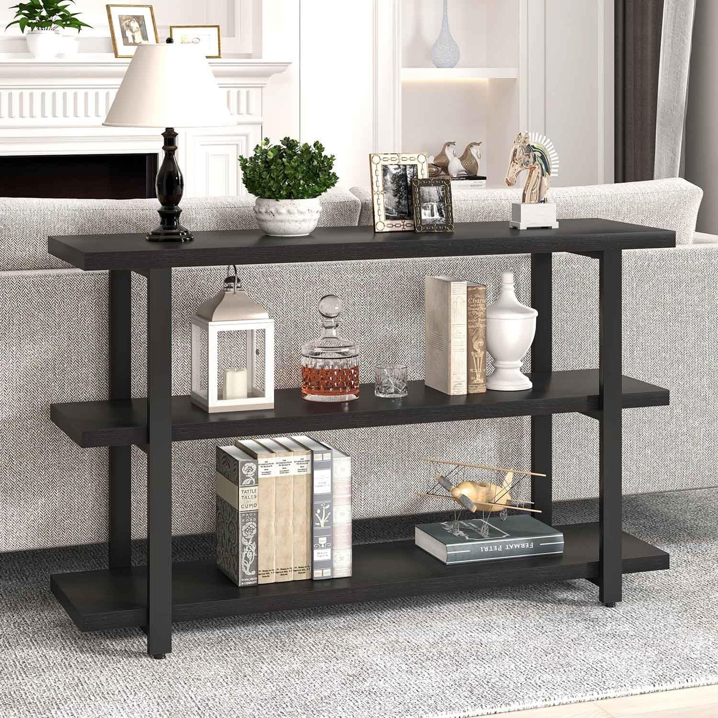Black Entryway Table, Modern Console Tables with 3 Tier Storage Shelves for Living Room, Wood and Metal Sofa Table for Hallway, Entrance, or behind Couch, 47 Inch