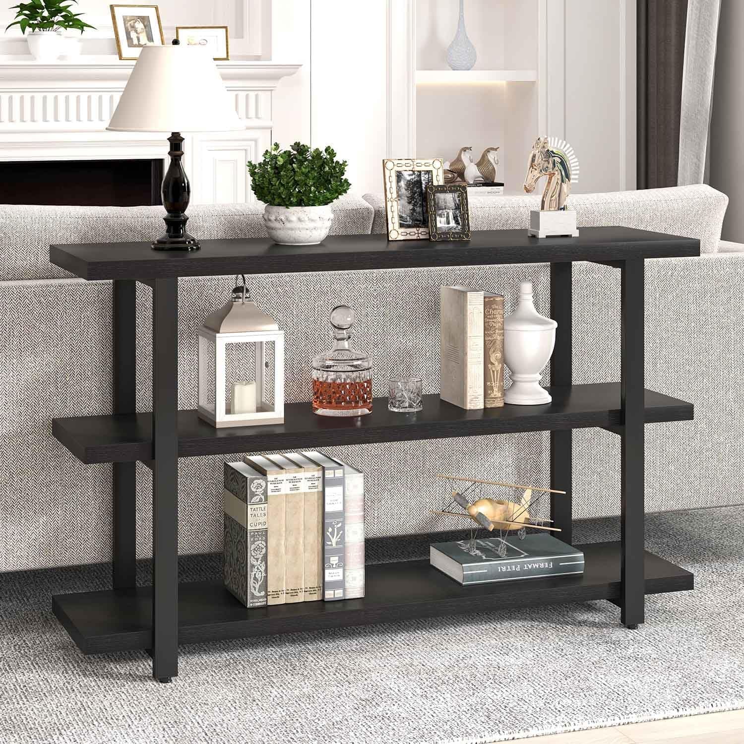 Black Entryway Table, Modern Console Tables with 3 Tier Storage Shelves for Living Room, Wood and Metal Sofa Table for Hallway, Entrance, or behind Couch, 47 Inch