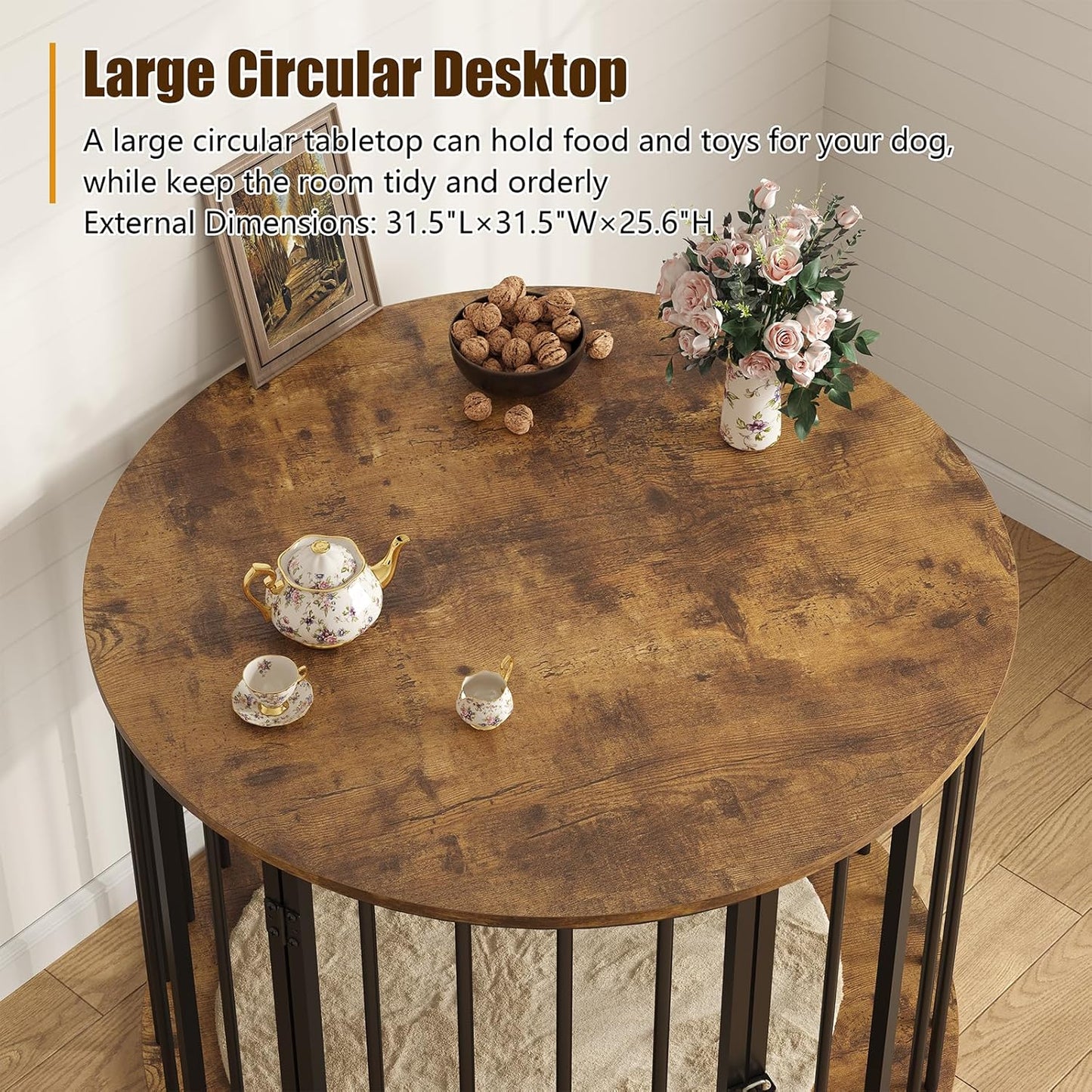 32 Inch Dog Crate Furniture for Large Medium Dogs, Wooden Dog Kennel Indoor Decorative Pet House Side End Table, round Dog Cage, Rustic Brown