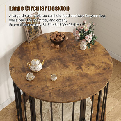 32 Inch Dog Crate Furniture for Large Medium Dogs, Wooden Dog Kennel Indoor Decorative Pet House Side End Table, round Dog Cage, Rustic Brown