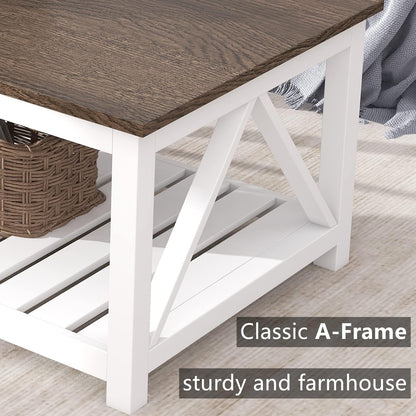 Farmhouse Coffee Table, Rustic Vintage Living Room Table with Shelf, 40 White
