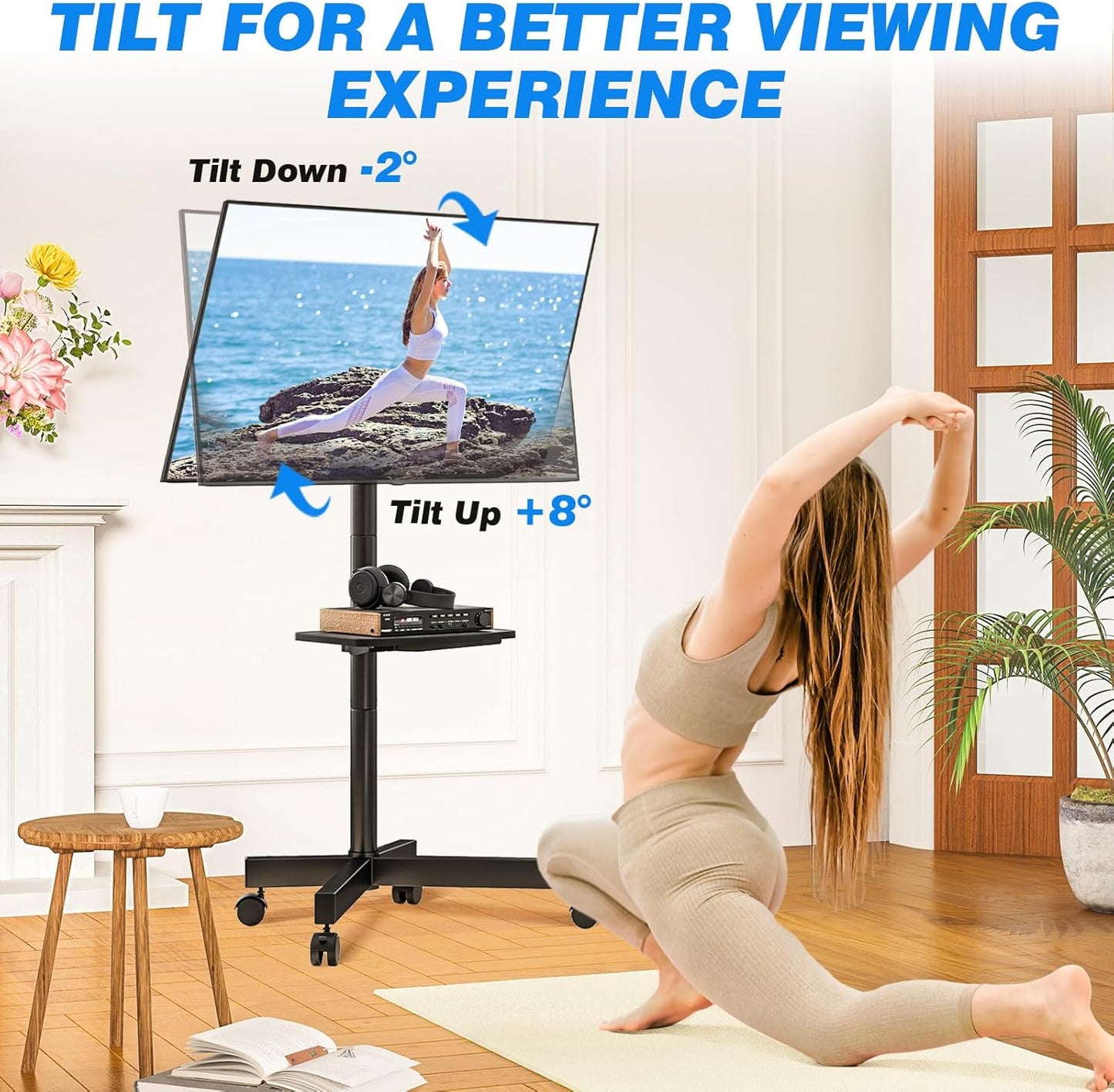 Mobile TV Stand for 23-60 Inch LCD LED Flat/Curved Panel Screen Tvs up to 88 Lbs, Rolling TV Stand with Adjustable Shelf & Tilt, Portable Floor Stand on Wheels for Bedroom, Living Room, Office