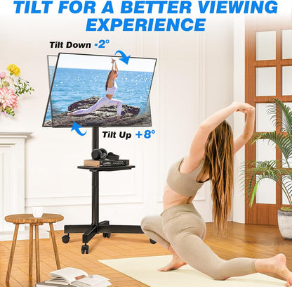Mobile TV Stand for 23-60 Inch LCD LED Flat/Curved Panel Screen Tvs up to 88 Lbs, Rolling TV Stand with Adjustable Shelf & Tilt, Portable Floor Stand on Wheels for Bedroom, Living Room, Office
