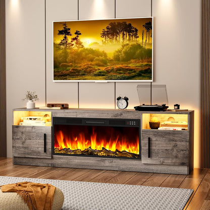 Fireplace TV Stand Entertainment Center with 36" Fireplace, 70" Wooden TV Stand for Tvs up to 80", Modern TV Consoles for Living Room with High Gloss Storage Cabinet and LED Lights (Grey)