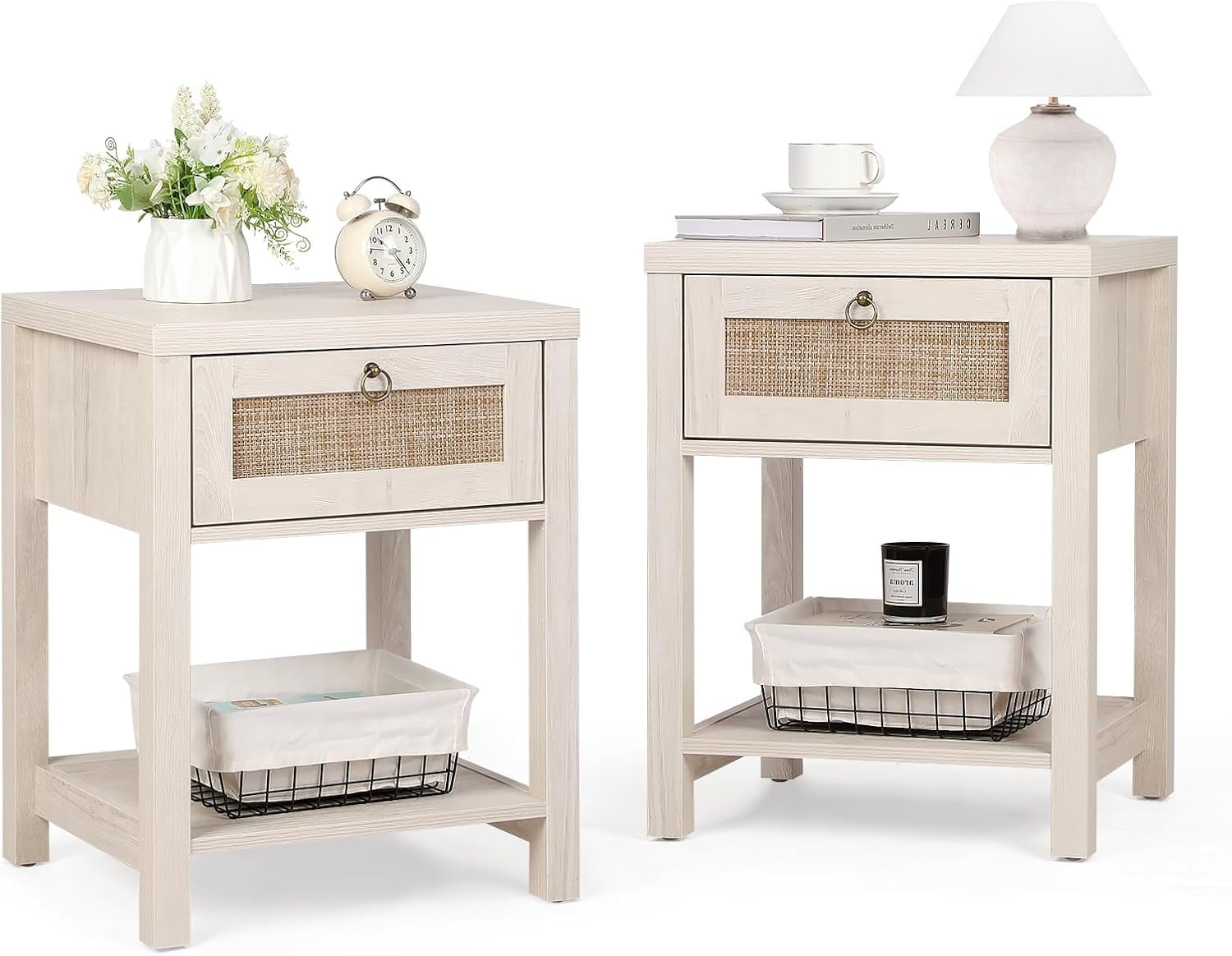 Rattan Nightstands Set of 2 - Farmhouse Bedside Table Night Stand with Drawer and Storage Shelf, Boho End Side Table for Bedroom, Mesitas De Noche Para Dormitorio, Light Oak