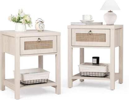 Rattan Nightstands Set of 2 - Farmhouse Bedside Table Night Stand with Drawer and Storage Shelf, Boho End Side Table for Bedroom, Mesitas De Noche Para Dormitorio, Light Oak