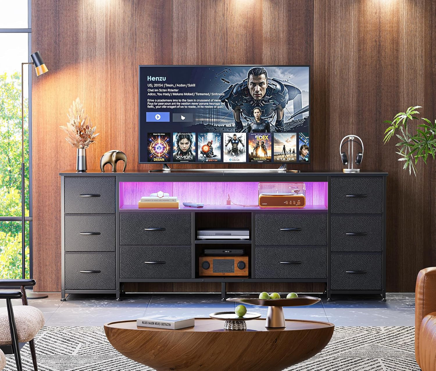 63 Inch LED TV Stand Dresser with Power Outlets, USB-C Port and LED Lights, 10 Fabric Drawer Dresser for Bedroom, Long Entertainment Center for 65, 70 Inch TV, Open Shelves, PU Leather, Black