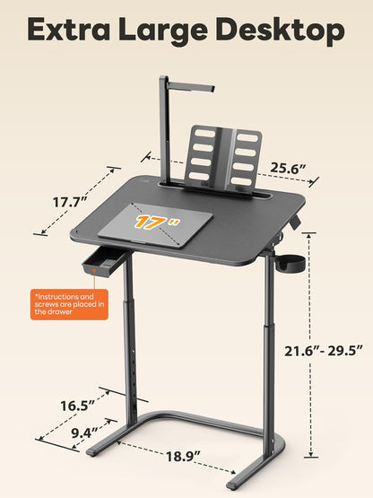 XXL Extra Large TV Tray Table，Height & Tilt Adjustable Heavy Duty TV Trays for Eating, Working, Writing,Drawing, Recliner Table Couch Desk with LED Light, Cup Holder, Bookstand