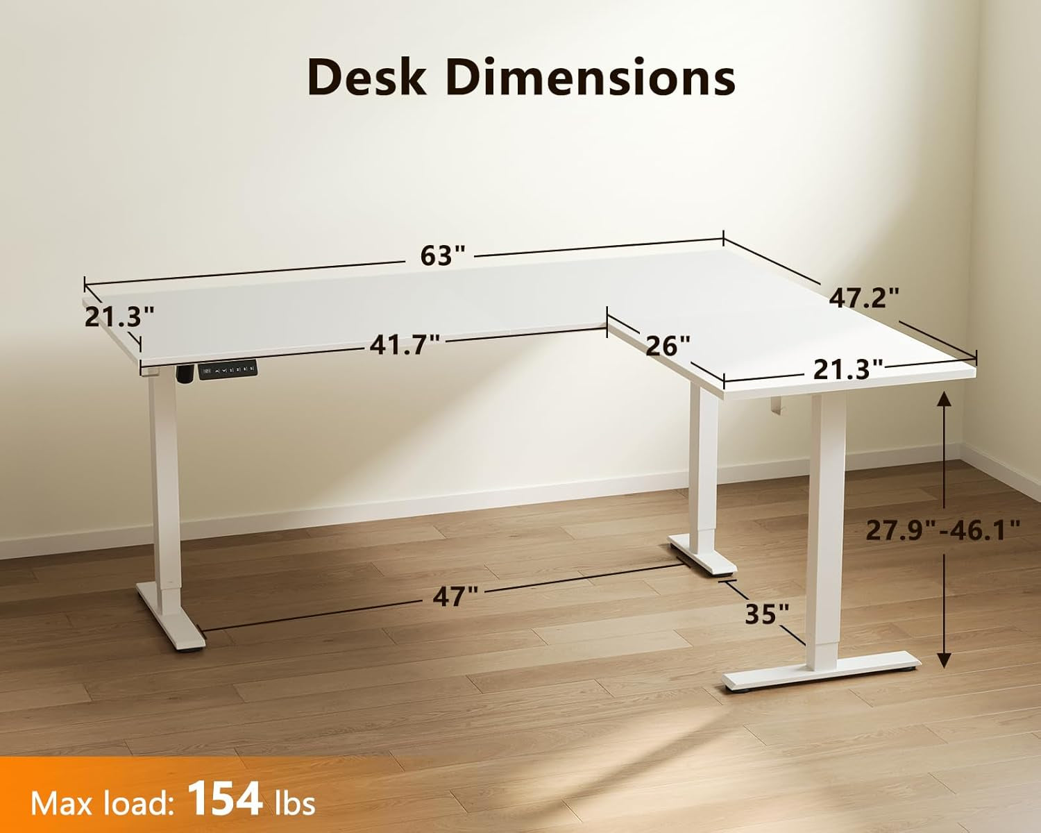 63 Inch Electric L-Shaped Standing Desk, Reversible Corner Desk with Height Adjustment, Large Ergonomic Workstation for Home Office, Reception Room, White