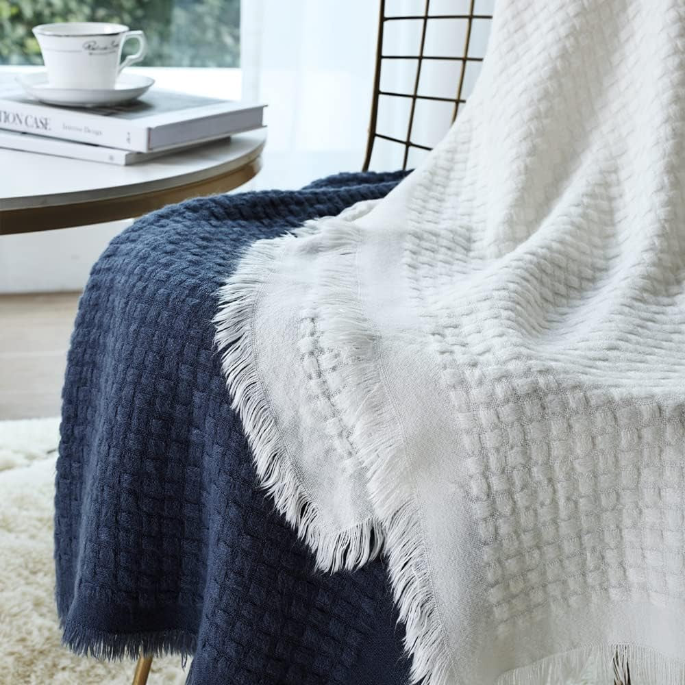 Farmhouse Boho Knitted Throw Blanket for Couch Sofa Chair Bed Home Decoration, Soft Warm Cozy Light Weight for Spring Summer Fall (50''X60'' off White/Ivory/Cream)