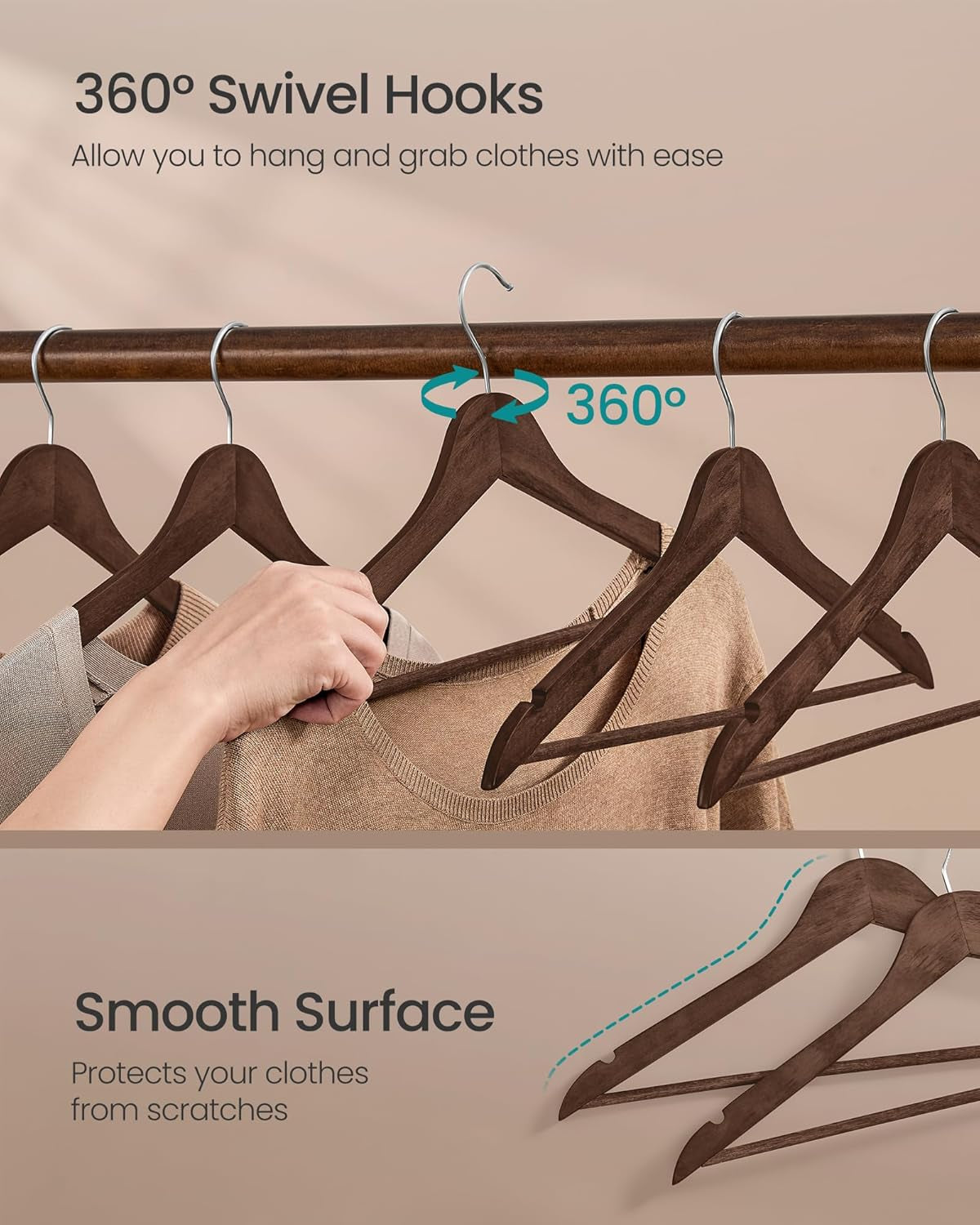 Wooden Hangers, Pack of 30, Coat Hangers, Pants Bar, 360° Swivel Hooks, Solid Birch Wood, Space Saving, for Jackets, Shirts, Coats, Walnut Brown UCRW030K02