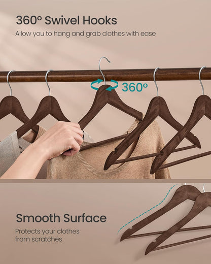 Wooden Hangers, Pack of 30, Coat Hangers, Pants Bar, 360° Swivel Hooks, Solid Birch Wood, Space Saving, for Jackets, Shirts, Coats, Walnut Brown UCRW030K02