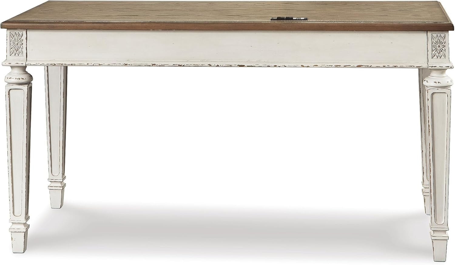 Realyn French Country 3-Drawer 2-Piece Home Office Desk with Spring Lift Top, USB Ports and AC Plug-Ins, Dark Brown & White