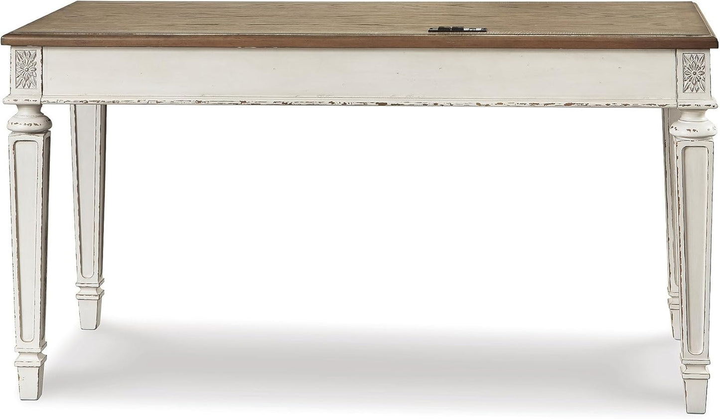 Realyn Cottage L-Shaped Distressed 2-Piece Home Office Desk with Power Supply and USB Ports, White & Light Brown