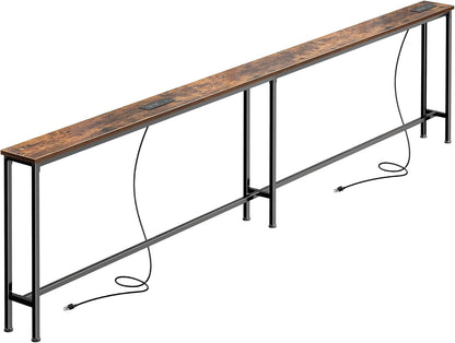 102 Inch Sofa Table with 2 Power Outlets and USB-C Ports, 5.9 Inch Narrow Console Table with Storage, Extra-Long, for Entryway Hallway Couch behind Sofa, Small Spaces, Rustic Brown