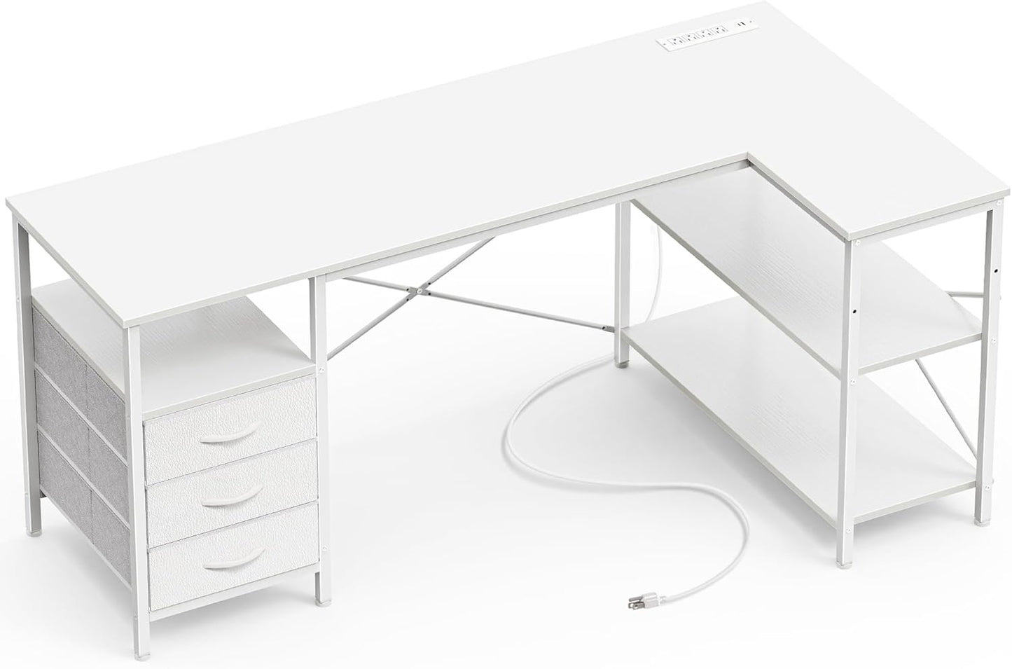 L Shaped Office Desk with Power Outlets, 55 Inch Computer Desk with 3 Drawers, Shelves, Reverisble for Gaming Corner Work Home Office Study, White