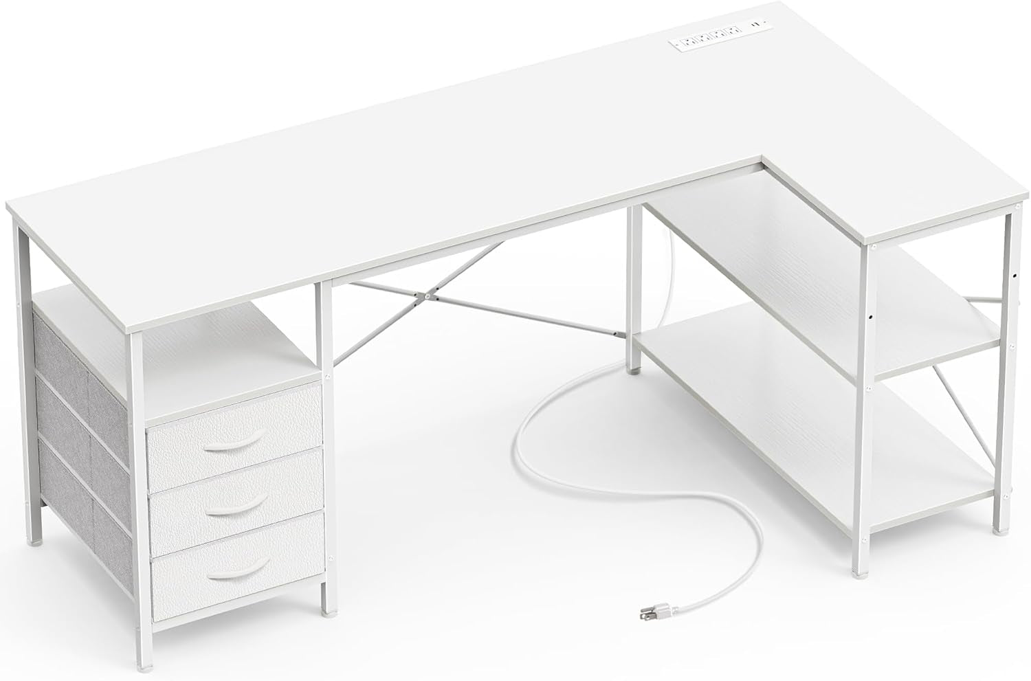 L Shaped Office Desk with Power Outlets, 55 Inch Computer Desk with 3 Drawers, Shelves, Reverisble for Gaming Corner Work Home Office Study, White