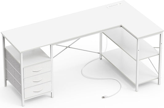 L Shaped Office Desk with Power Outlets, 55 Inch Computer Desk with 3 Drawers, Shelves, Reverisble for Gaming Corner Work Home Office Study, White