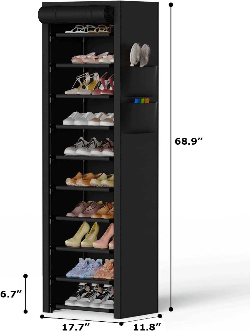 Vertical Narrow Shoe Rack Organizer 10 Tier Tall Shoe Shelf Holds 20-22 Pairs with Non-Woven Dustproof Cover for Closet, Entryway Black