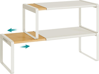 Spice Racks, Expandable Cupboard Shelf Orgnizers, Kitchen Counter Shelves, Bamboo and Metal, Space-Saving Shelving, Stackable, Light Bamboo and Cream White UKCS051N01