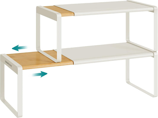 HOME Spice Racks, Expandable Cupboard Shelf Orgnizers, Kitchen Counter Shelves, Bamboo and Metal, Space-Saving Shelving, Stackable, Light Bamboo and Cream White UKCS051N01