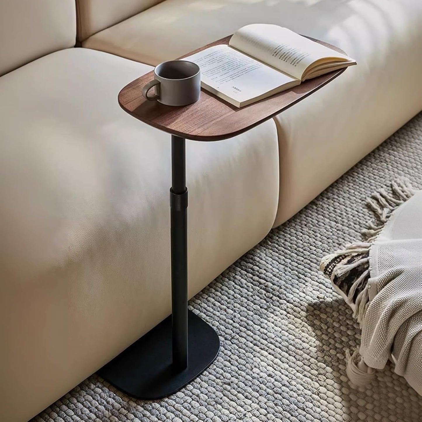Modern Minimalist C Shaped Side Table, Wooden Sofa Table with Adjustable Height and Swivel Top, Laptop Desk for Living Room, Bedroom, Study and Small Spaces, Walnut Wood