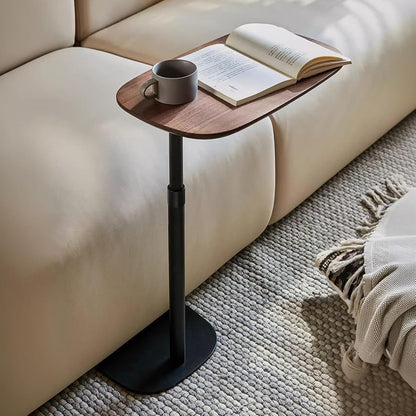 Modern Minimalist C Shaped Side Table, Wooden Sofa Table with Adjustable Height and Swivel Top, Laptop Desk for Living Room, Bedroom, Study and Small Spaces, Walnut Wood