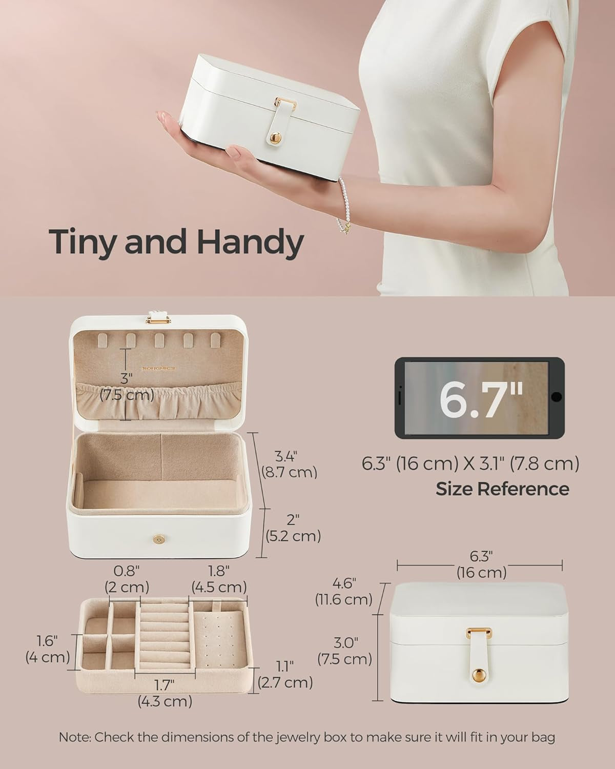 Jewelry Organizer Box, 2-Layer Travel Case for Earrings, Necklaces, Bracelets - Portable Jewelry Storage with Large Capacity, Gift-Ready Box for Women & Girls, Cloud White UJBC166W01