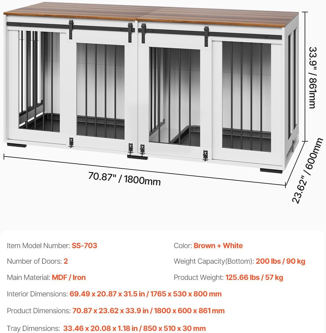 72"Dog Crate Furniture for 2 Dogs,Double Dog Crate Furniture with Double Sliding Doors,Large Dog Crate TV Stand with Removable Tray,Steel Frame Double Dog Crate for Small,Medium,Large Dogs White