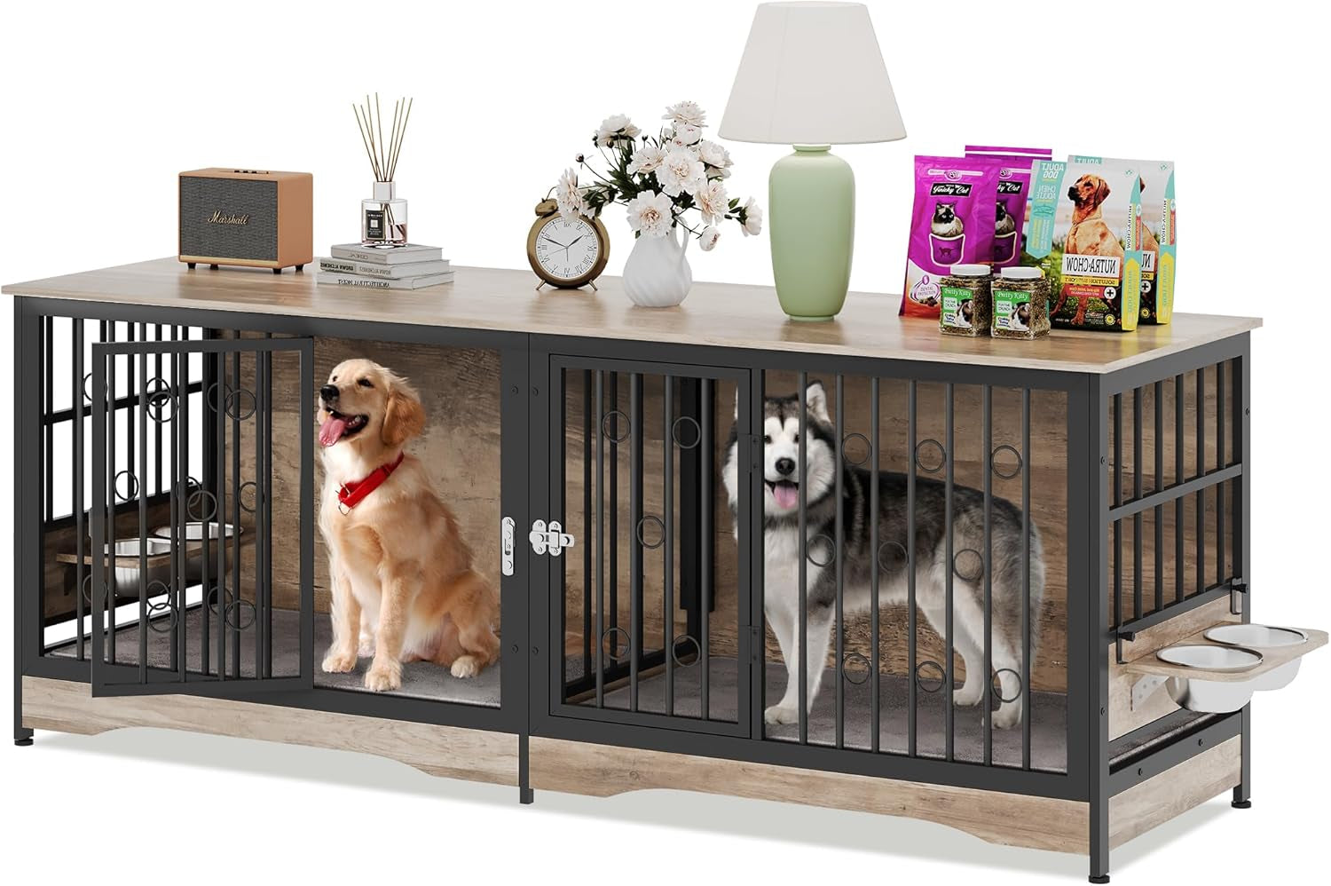 75'' Dog Crate Furniture Large Storage TV Stand with Dual Cushion / 4 Bowls/Double Rooms, Wooden Dog Kennel Dog Crate End Table with Removable Divider for Large Medium Dogs, Greige